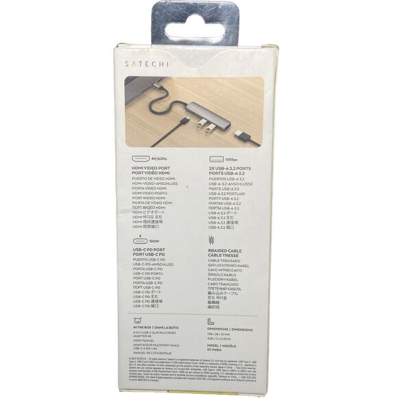 Satechi 4‑in‑1 USB‑C Hub, 4K/60Hz HDMI, 10Gbps, 100W PD, Braided Cable – Gray - Picture 2 of 7